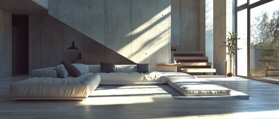 Wall Mural - Modern living room with white sectional sofa, wooden stairs and large window overlooking nature.