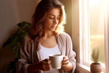 woman in her s taking a tablet with a cup of coffee in the morni