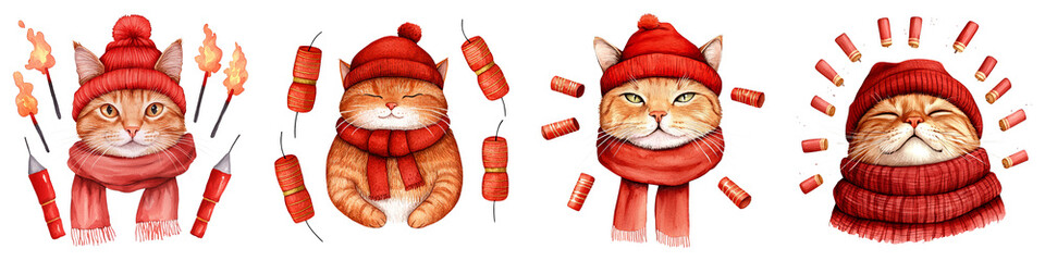 Wall Mural - A whimsical cat character dressed in a cozy red sweater, displaying various cheerful expressions with a festive atmosphere.