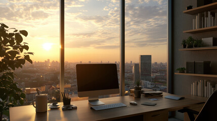 Comfortable workplace with computer on wooden table and city view at sunset.