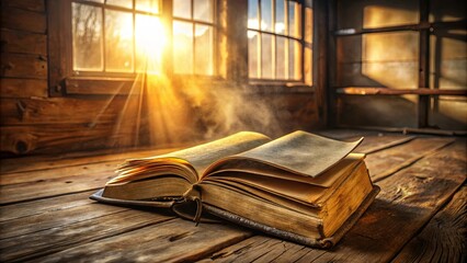 A weathered book rests open on a rustic wooden surface, bathed in the warm glow of the setting sun streaming through a window.