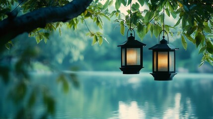 Aufkleber - Two glowing lanterns hang from a tree branch above a tranquil lake.