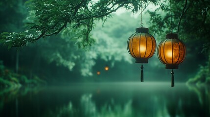 Aufkleber - Two glowing lanterns hang from a tree branch over a tranquil lake in a misty green forest.