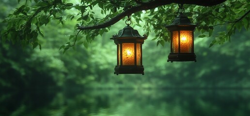Aufkleber - Two glowing lanterns hanging from a tree branch in a forest.
