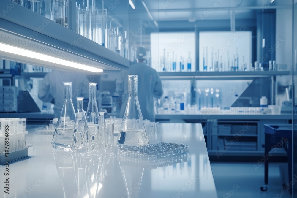 A laboratory filled with beakers, flasks, and scientific equipment as ...