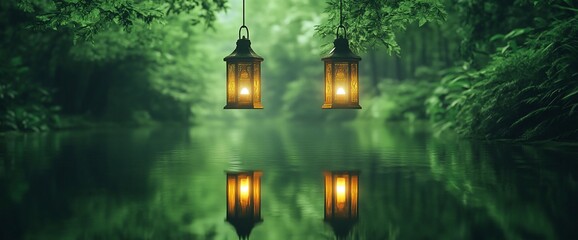 Aufkleber - Two lanterns hang from branches over a tranquil lake in a lush green forest, their warm glow reflecting in the water.