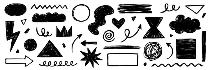 Poster - Pencil crayon brush line stroke. Brush crayon pencil chalk texture effect doodle shape. Vector hand drawn marker stroke background set of abstract design graphic figure. Vector illustration