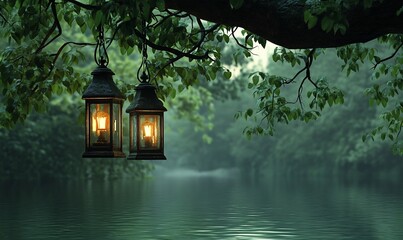 Aufkleber - Two lanterns hanging from a tree branch over a misty lake in a forest.