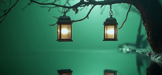 Poster - Two lanterns hanging on a branch of a tree in the fog.