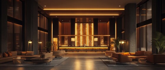 Modern hotel lobby with warm lighting and luxurious furniture.