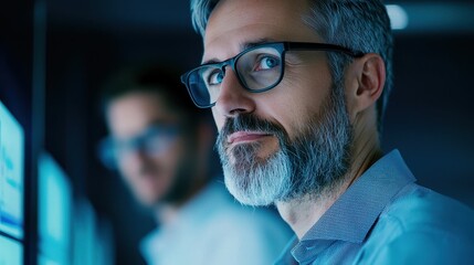 Poster - A focused man with glasses analyzes data on screens, showcasing a modern, tech-savvy environment.