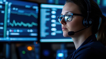 Poster - A focused professional in a headset monitors complex data on multiple screens in a high-tech environment.