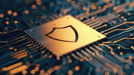Poster - A close-up of a microchip featuring a shield symbol, representing cybersecurity and technology integration in digital systems.