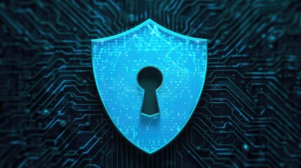 Poster - A digital shield with a keyhole, representing cybersecurity and protection in a tech-themed backdrop.