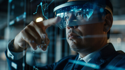 Poster - business professional using ar to review ai ethics with digital documents and compliance guidelines,