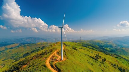 Poster - Explore the scenic landscape of wind turbines on rolling green hills in an open area