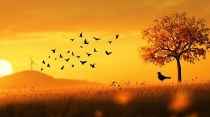 Poster - Harnessing wind power at sunset a serene view over the hill with birds and nature's beauty
