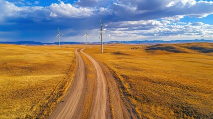Poster - Wind turbines gracefully stand on a hill amidst a soft background promoting sustainable energy solutions