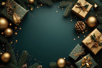 Wall Mural - christmas background with ornaments, gifts, and pine branches framing dark green backdrop