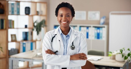 Poster - Black woman, doctor and arms crossed in portrait at clinic with pride, smile and services with healthcare. African medic, person and happy for career with wellness, confident and hospital in Nigeria