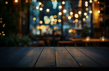 Poster - Dark wooden table top with blurred lights in the background.