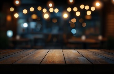 Aufkleber - Wooden table top with blurred background of cafe at night.