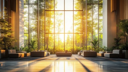 Poster - Modern Lobby Interior With Large Windows and Sunlight Streaming In.