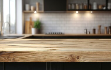 Aufkleber - Close up of a wooden countertop with a blurred kitchen background.