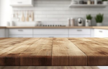 Poster - Rustic wooden table top with a blurred modern kitchen background.