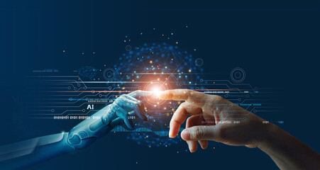 machine learning, hands of robot and human touching on big data network connection background, scien