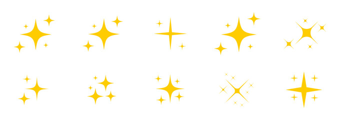 Sparkle star vector icons set. Star icons vector set. Shine or sparkle vector set of ten various stars in yellow color on white background. Vector illustration.