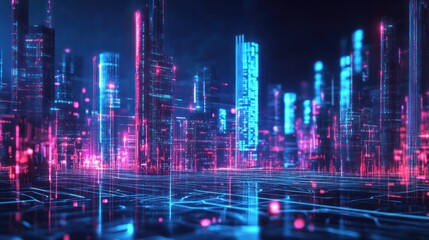 Poster - communication network, with glowing lines of light representing data transmission connecting various skyscrapers