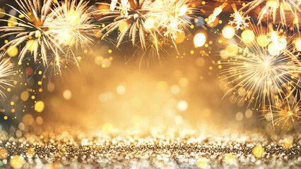 Wall Mural - vintage bright gold golden fireworks sparkle and bokeh with christmas stars lights in new year eve a