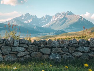 Sticker - Stone Wall in Field with Mountains