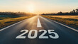 © Pramesti - Empty asphalt road leading to a bright sunrise with the year 2025 painted on the road surface, symbolizing a new beginning and journey ahead