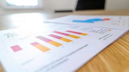 Poster - Close-Up of a Financial Report Featuring Colorful Graphs and Charts on a Wooden Table in a Brightly Lit Office Environment