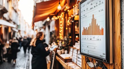 Poster - Display of Stock Market Quotes on a Digital Screen in an Urban Setting Featuring Market Trends and Data Visualization