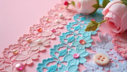 Poster - A colorful assortment of buttons and beads are arranged on a pink background