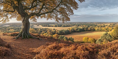 Wall Mural - A scenic autumn landscape featuring a large tree overlooking golden fields.