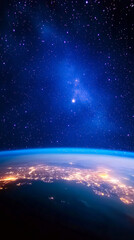 Wall Mural - earth in space universe planet with shiny star dark blue technology science background with copy spa