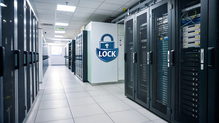 server room with padlock sign - cyber security concept
