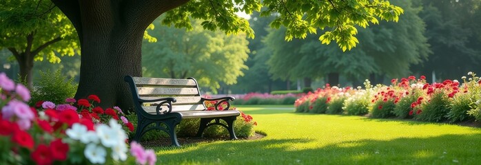 Poster - A park with a bench under a tree and flowers in the background
