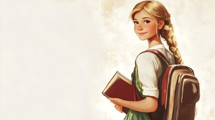 Wall Mural - Beautiful schoolgirl with a backpack and books. Back to school