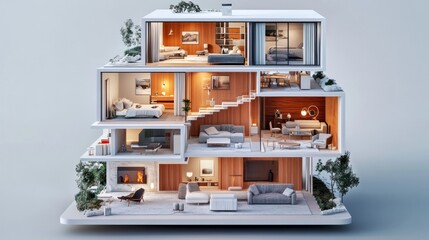 Poster - 3D house model sliced open to show interiors, featuring furniture and decor in a layered, architectural style