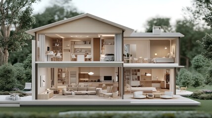 Poster - 3D house model sliced open to show interiors, featuring furniture and decor in a layered, architectural style