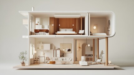 Poster - 3D house model sliced open to show interiors, featuring furniture and decor in a layered, architectural style