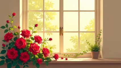 Poster - A window with a view of a tree and a bunch of red roses