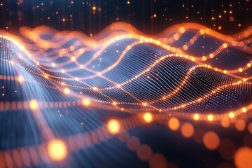 Poster - Abstract Digital Wave Background Glowing Network Orange Blue Data Technology Connection Futuristic
