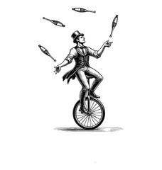 Wall Mural - man juggling while riding a unicycle engraving black and white outline