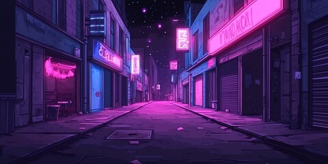 Poster - A retro-futuristic alleyway at night, illuminated by vibrant neon signs, with a starry sky above.